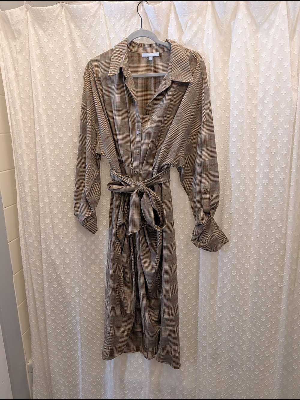 ANTONIO MELANI Plaid Midi Shirt Dress in Brown and Tan